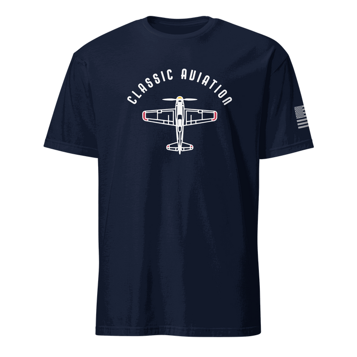 Vintage aviation t-shirt for pilots featuring classic airplane design and American flag detail.