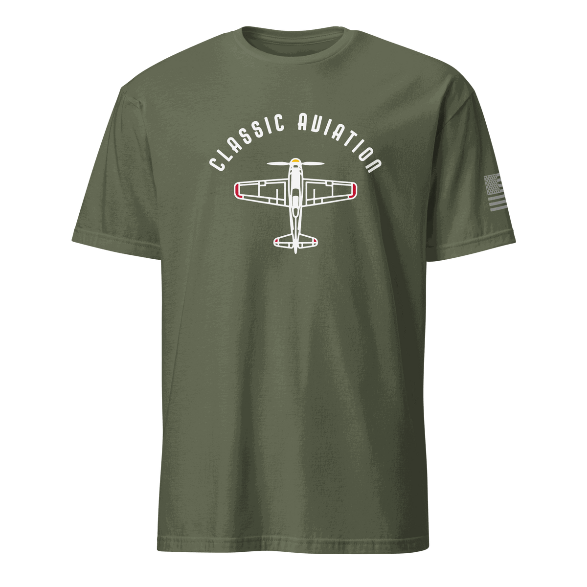 Vintage aviation t-shirt for pilots featuring a classic airplane graphic in olive green.