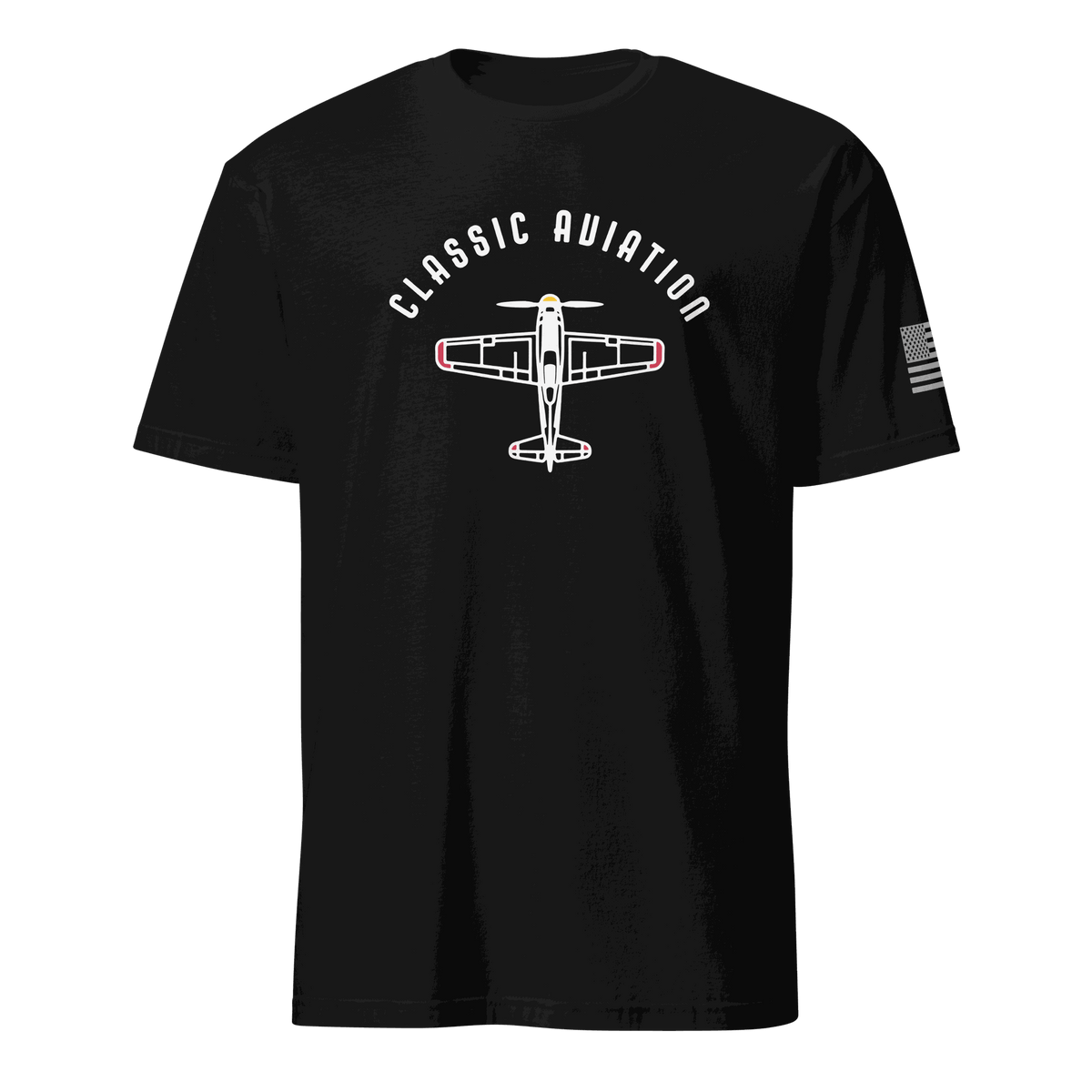 Vintage aviation t-shirt for pilots featuring classic airplane graphic on a black background.
