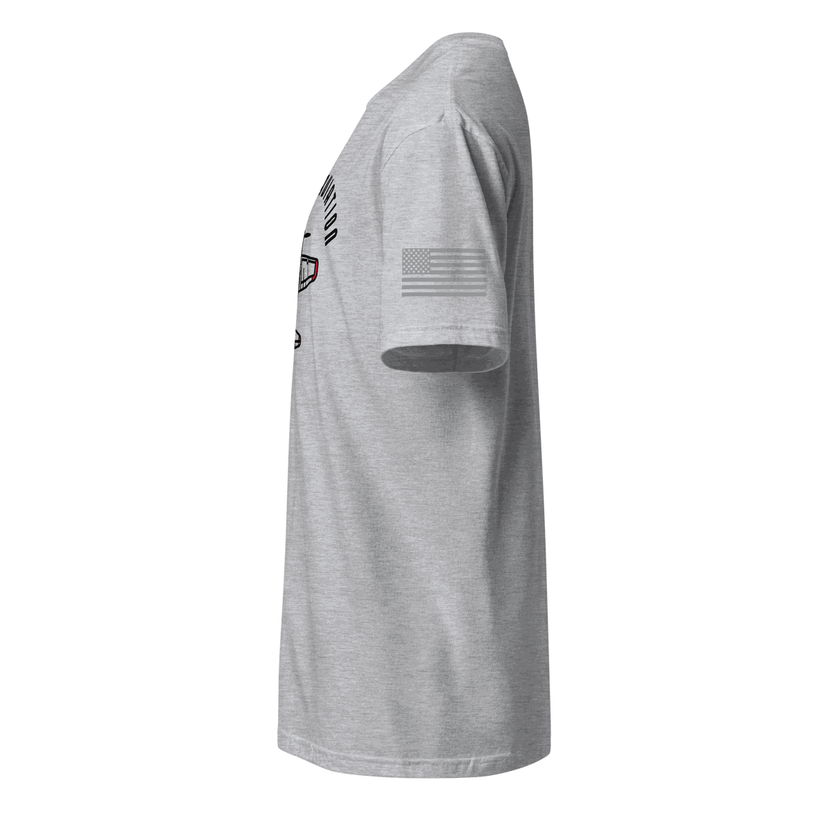 Vintage aviation t-shirt for pilots in gray showing side view and flag detail on sleeve.