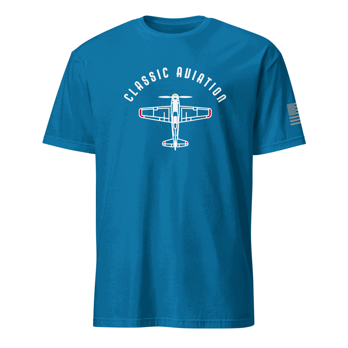 Vintage aviation t-shirt for pilots featuring a classic airplane design on a blue background.