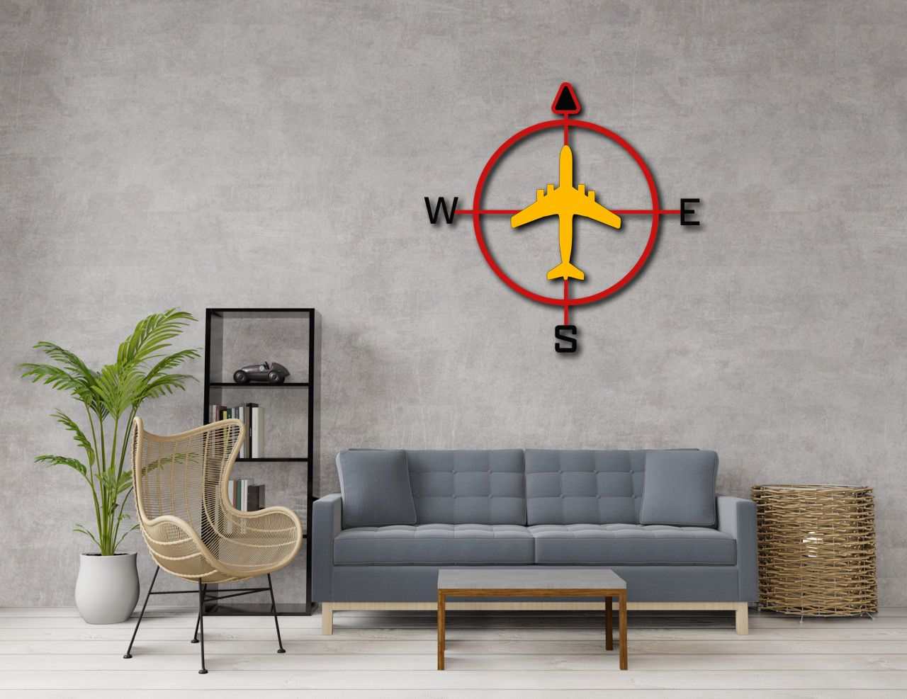 Multicolor aviation compass metal wall art sign in modern living room