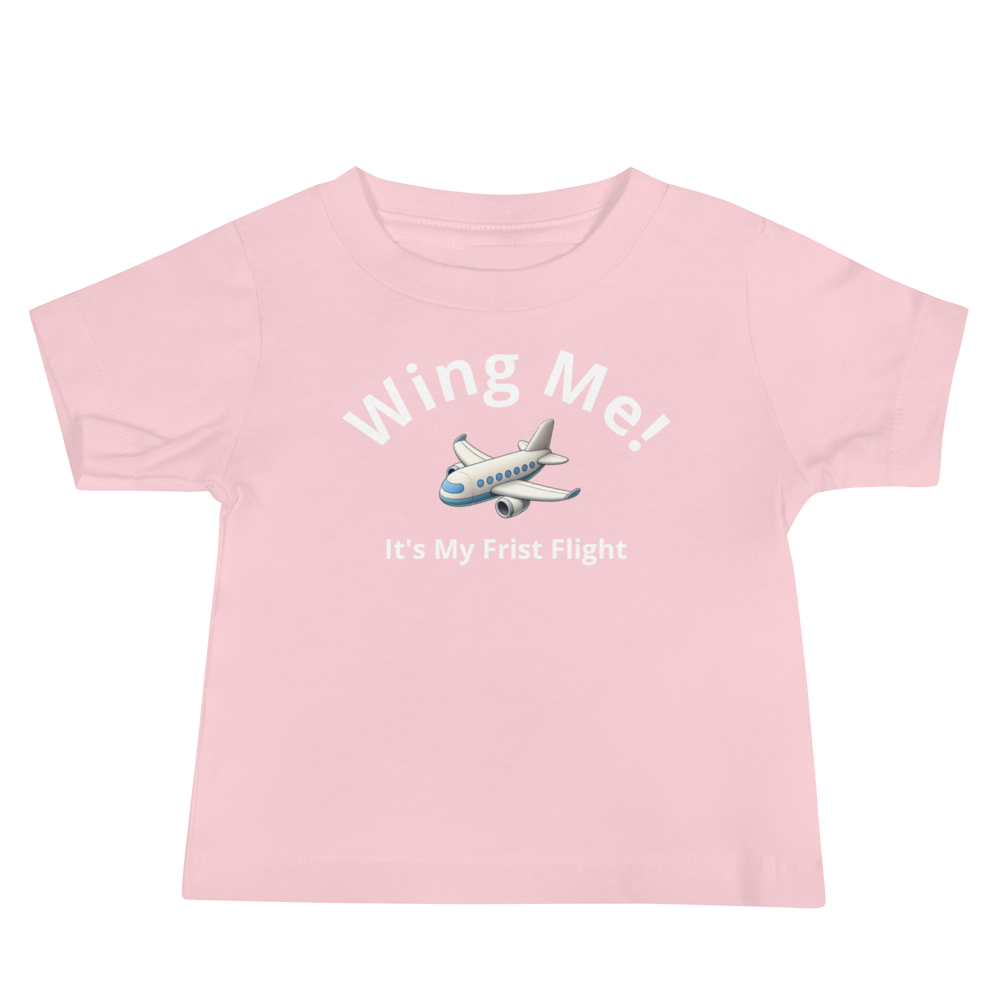 Pink baby jersey short sleeve tee with airplane graphic and &quot;Wing Me! It&
