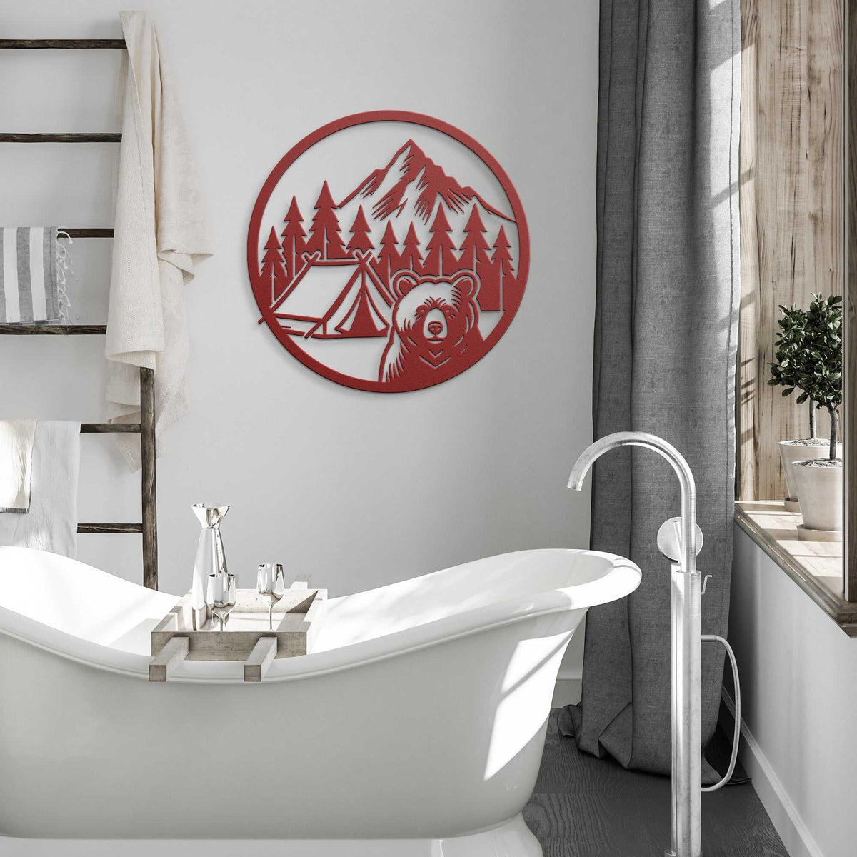 Funny Bear Camping Wall Art metal sign with bear, tent, and mountain design in rustic red for cabin decor