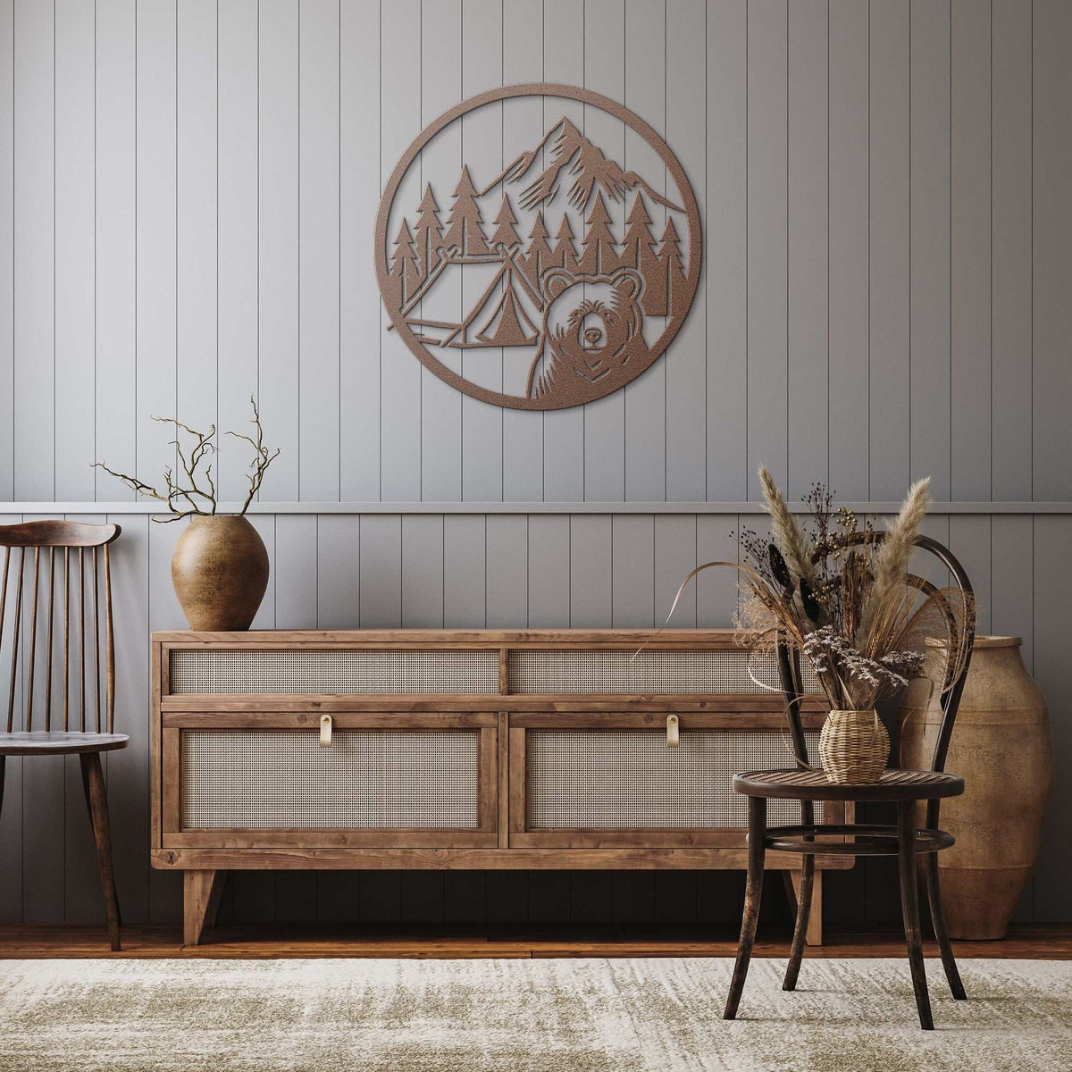 Rustic metal funny bear camping wall art print with mountain and tent design in cozy cabin decor setting