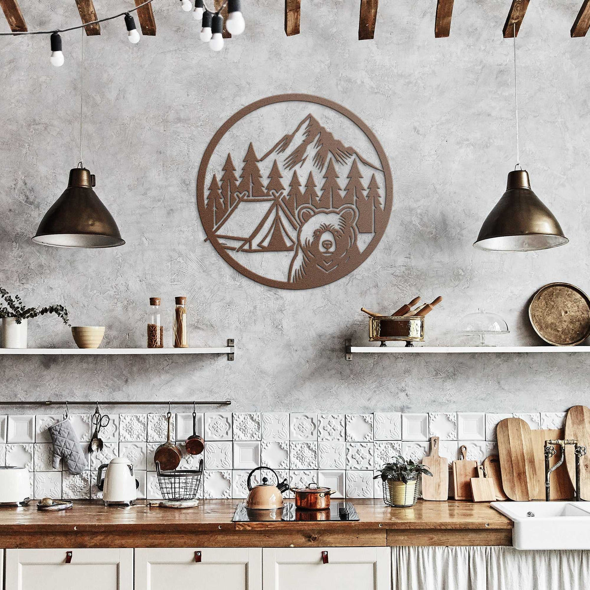 Funny bear camping wall art metal sign with mountain and tent design in rustic kitchen decor