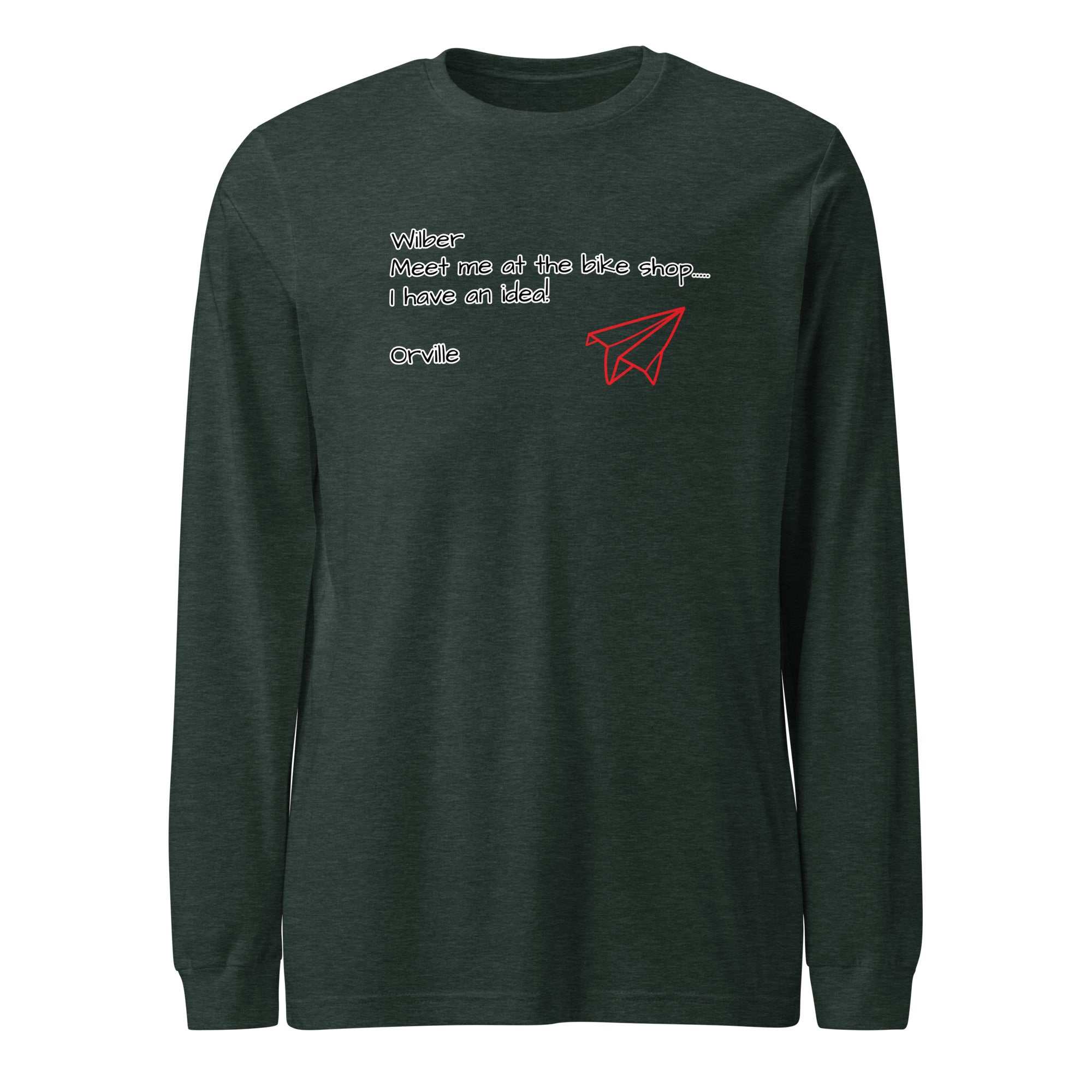 Bike Shop Unisex Long Sleeve Tee dark green with white text and red paper airplane design