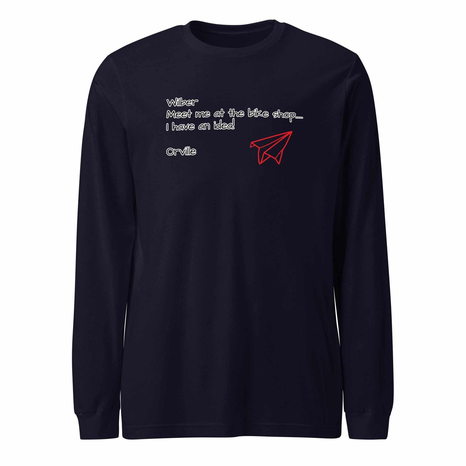 Bike Shop Unisex Long Sleeve Tee navy with printed text and red paper airplane design