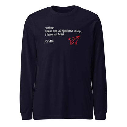 Bike Shop Unisex Long Sleeve Tee navy with printed text and red paper airplane design