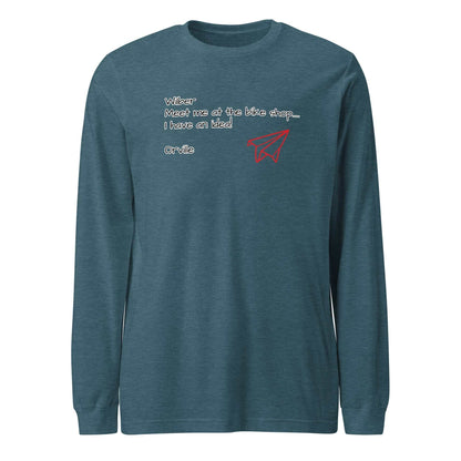 Bike Shop Unisex Long Sleeve Tee in heather blue with printed text and red paper airplane graphic, made of soft cotton blend, featuring crew neck and ribbed cuffs.