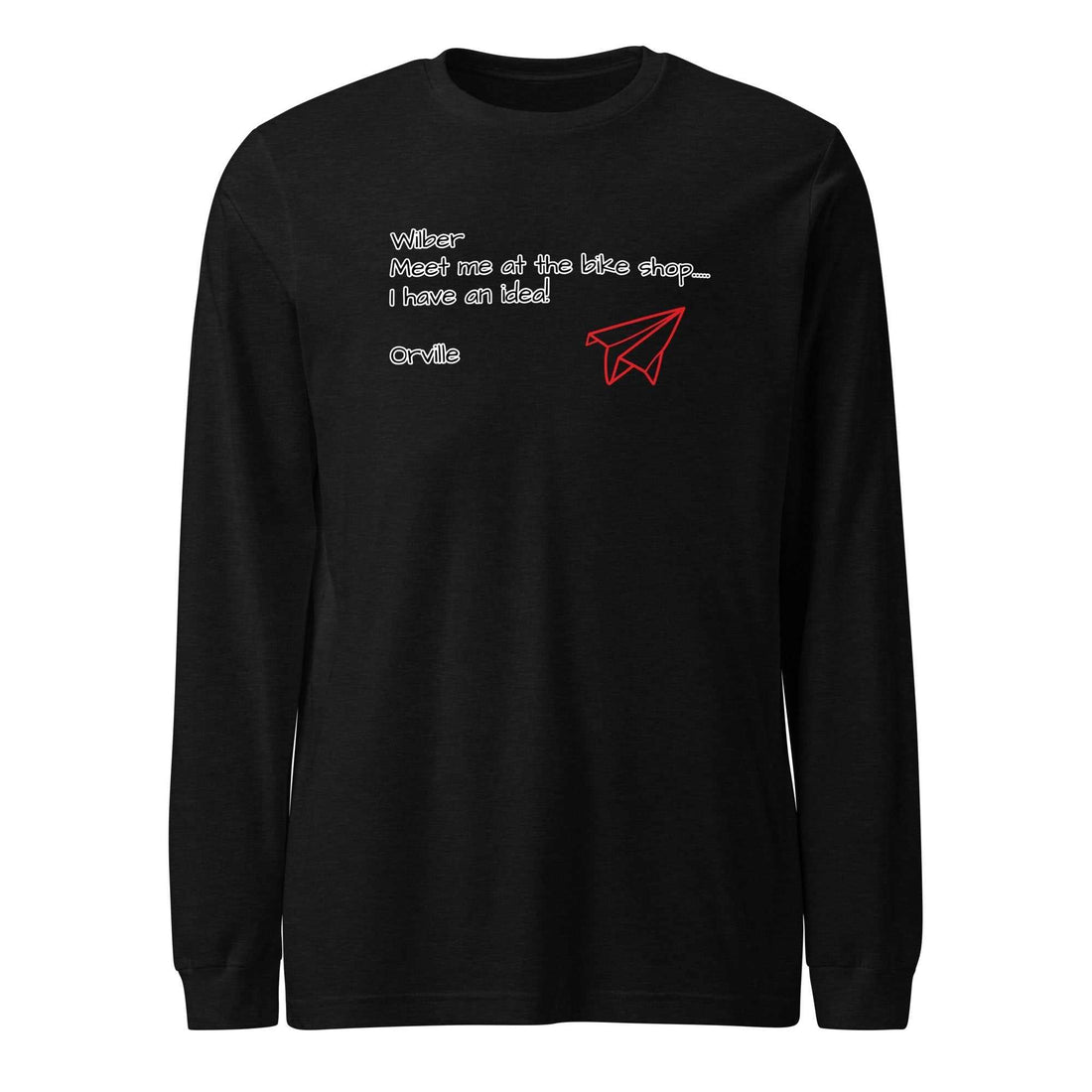 Black Bike Shop unisex long sleeve tee with white text and red paper airplane graphic on front