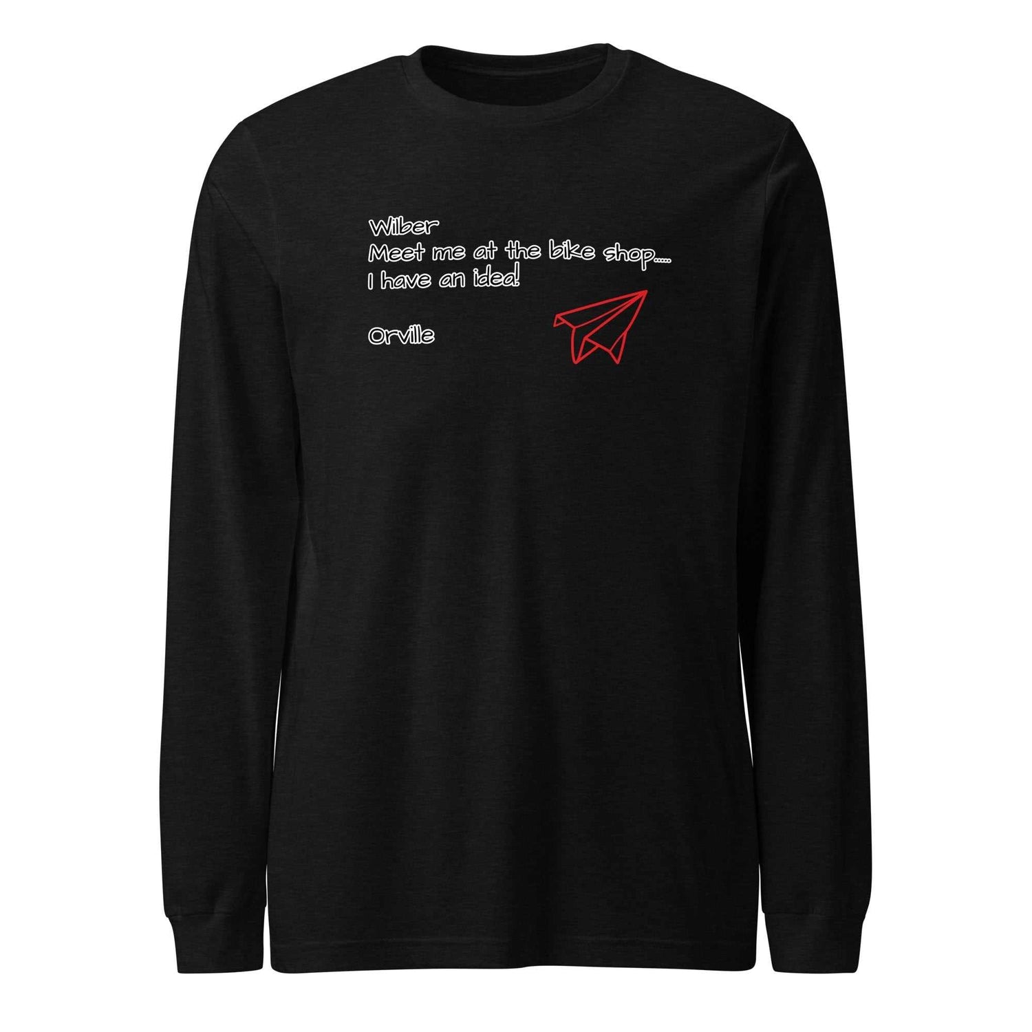 Black Bike Shop unisex long sleeve tee with white text and red paper airplane graphic on front