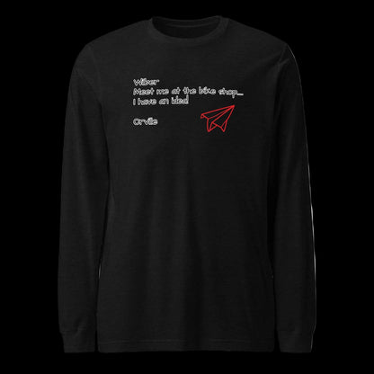 Black Bike Shop unisex long sleeve tee with white text and red paper airplane graphic on front