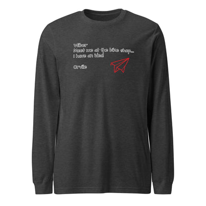 Bike Shop Unisex Long Sleeve Tee dark gray with red paper plane design and casual fit