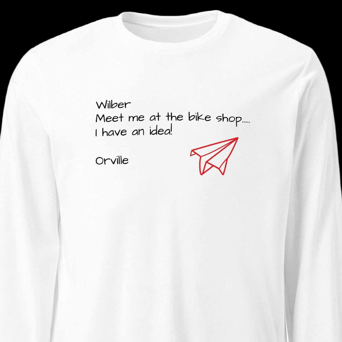 White Bike Shop Unisex Long Sleeve Tee with black text and red paper airplane graphic on front