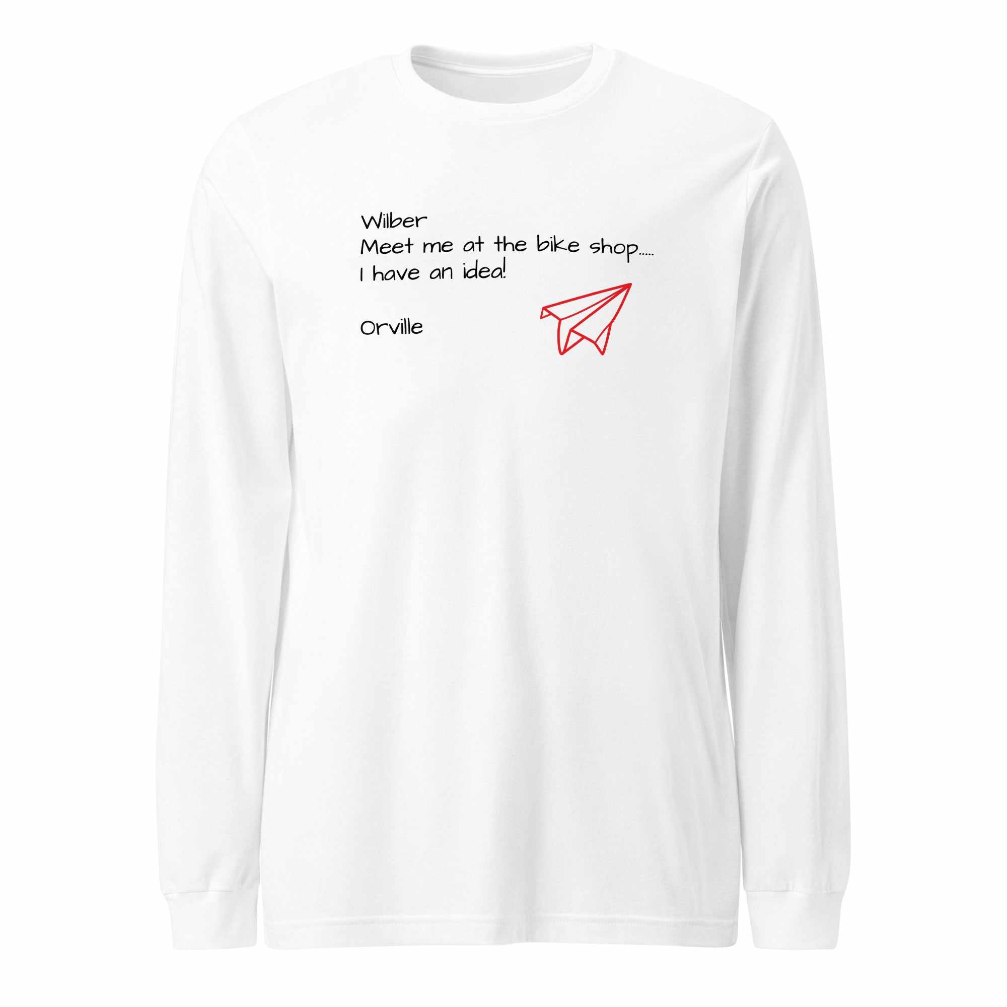 White Bike Shop Unisex Long Sleeve Tee with black text and red paper airplane graphic on front