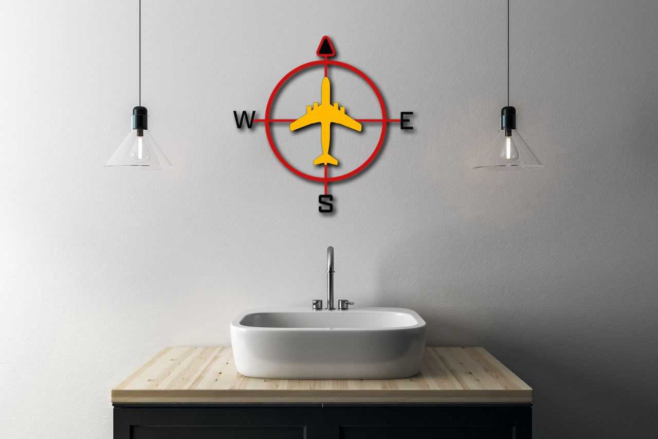 Multicolor Aviation Compass metal wall sign with yellow airplane and red compass, durable 16-gauge steel, indoor outdoor decor