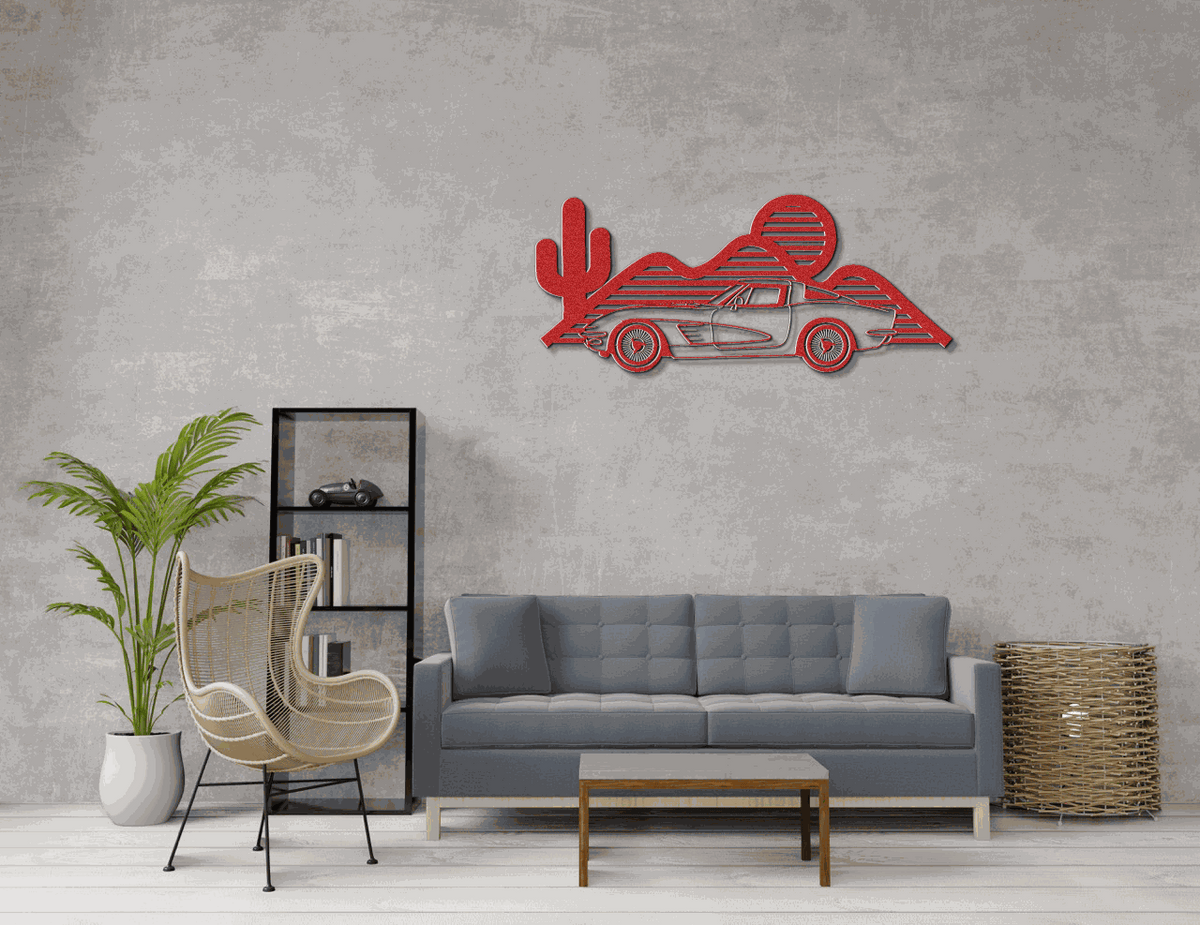 Laser-cut Corvette silhouette wall art in powder-coated steel, available in multiple sizes and colors, ideal for garages and man caves.