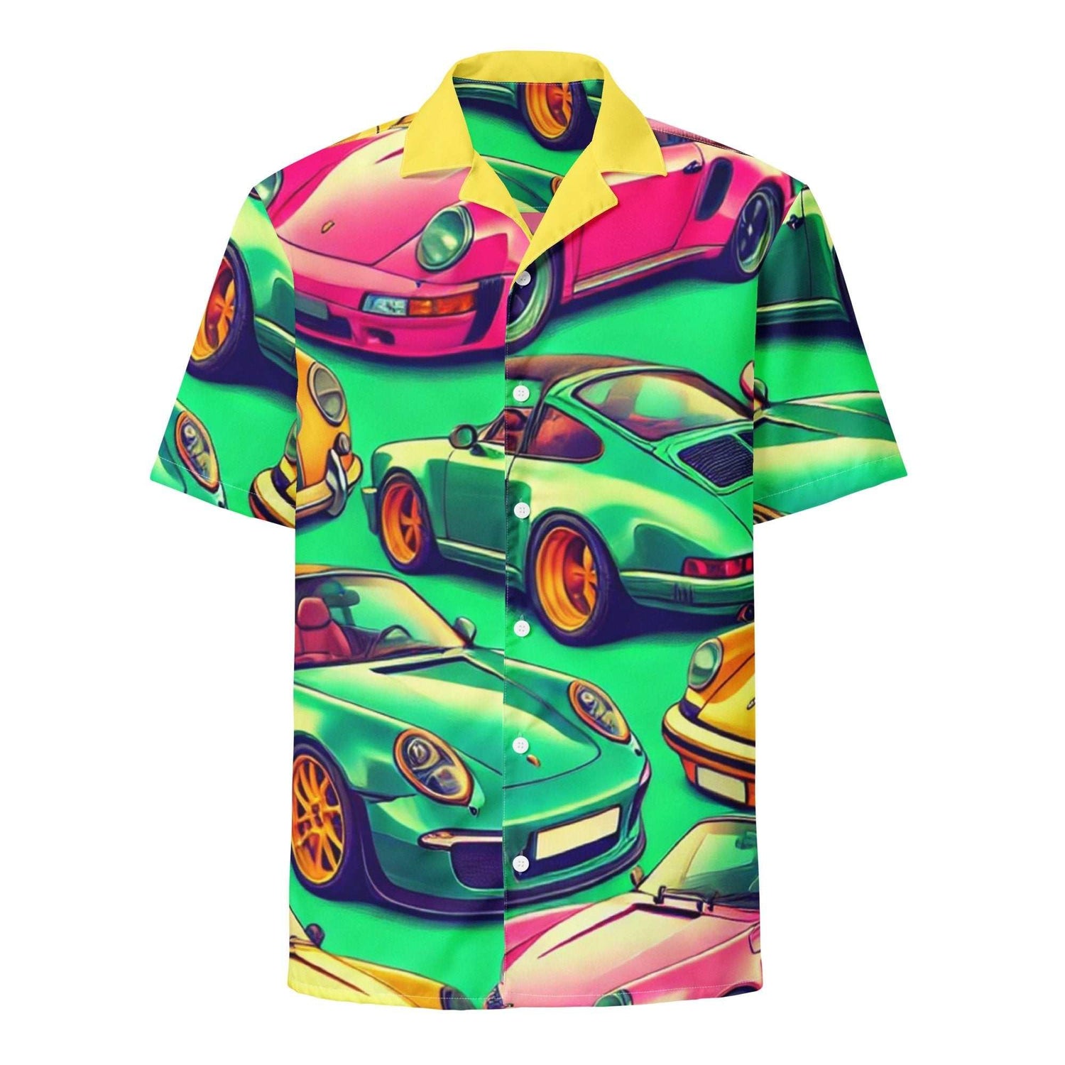Button Up 4 vibrant summer shirt with colorful vintage car print, oversized fit, and moisture-wicking fabric