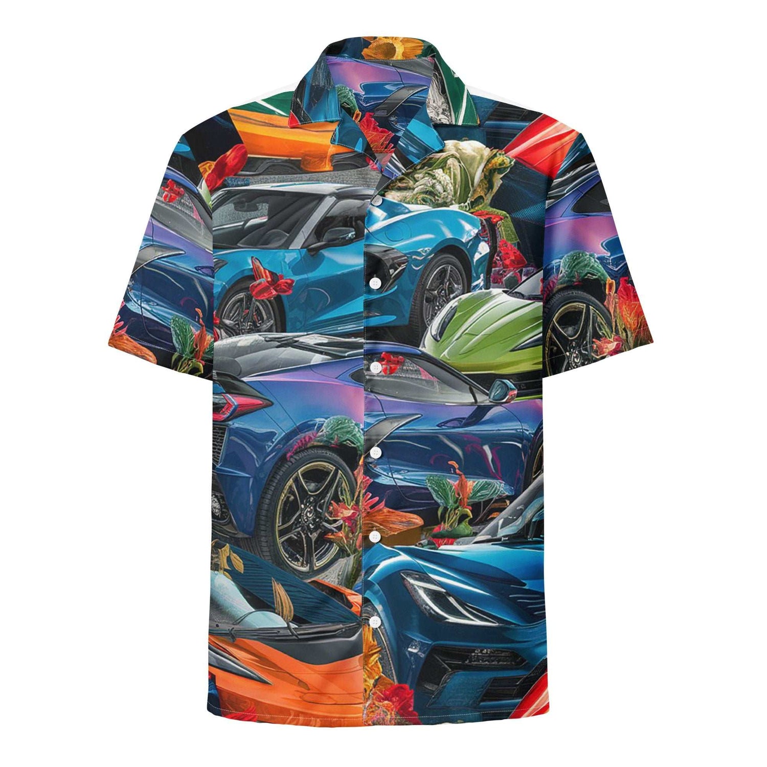Hawaiian Shirt summer shirt with colorful sports car print, breathable moisture-wicking fabric, oversized fit, and UPF50+ protection.