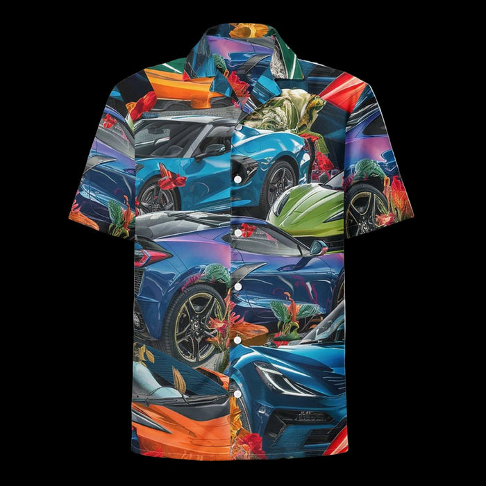 Automotive themed vibrant Hawaiian Shirt with tropical car designs and breathable fabric