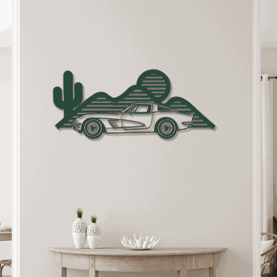 Corvette silhouette wall art in powder-coated steel with customizable sizes and colors for garages and man caves