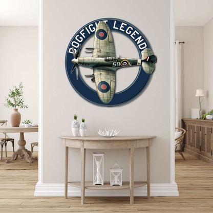 Multicolor metal sign featuring Spitfire airplane design with "Dogfight Legend" text, durable 16-gauge steel wall art for indoor and outdoor use