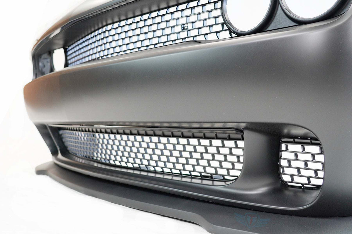 2015-2023 Dodge Challenger SRT Hellcat style front bumper conversion kit on grey Scat Pack model