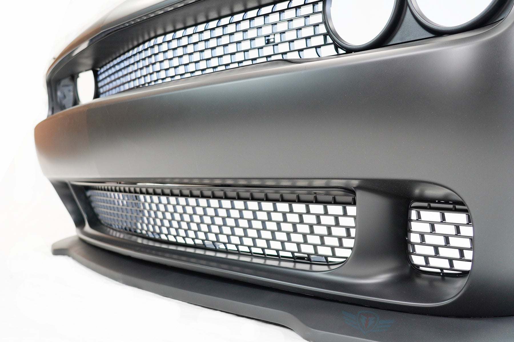 2015-2023 Dodge Challenger SRT Hellcat style front bumper conversion kit on grey Scat Pack model