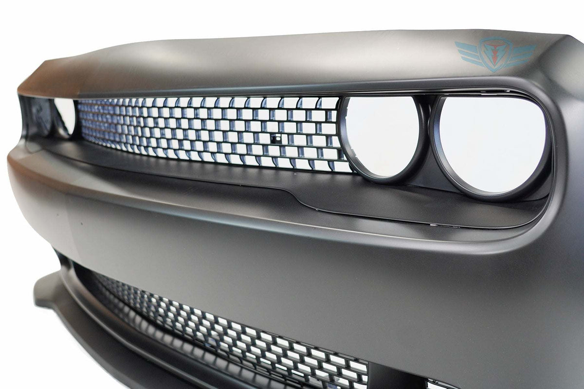 2015-2023 Dodge Challenger SRT Hellcat style front bumper conversion kit on grey Scat Pack model