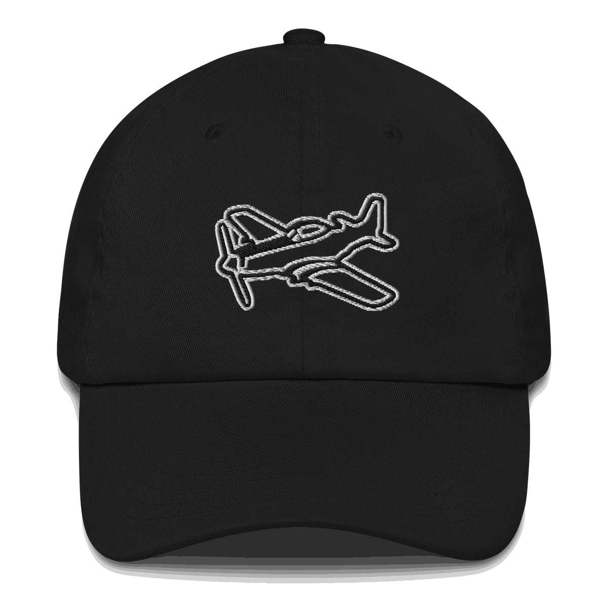 Black and white embroidered aviation hat with P51 Mustang design and adjustable strap