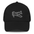Black aviation hat with embroidered white airplane design, adjustable strap, and six-panel low-profile style