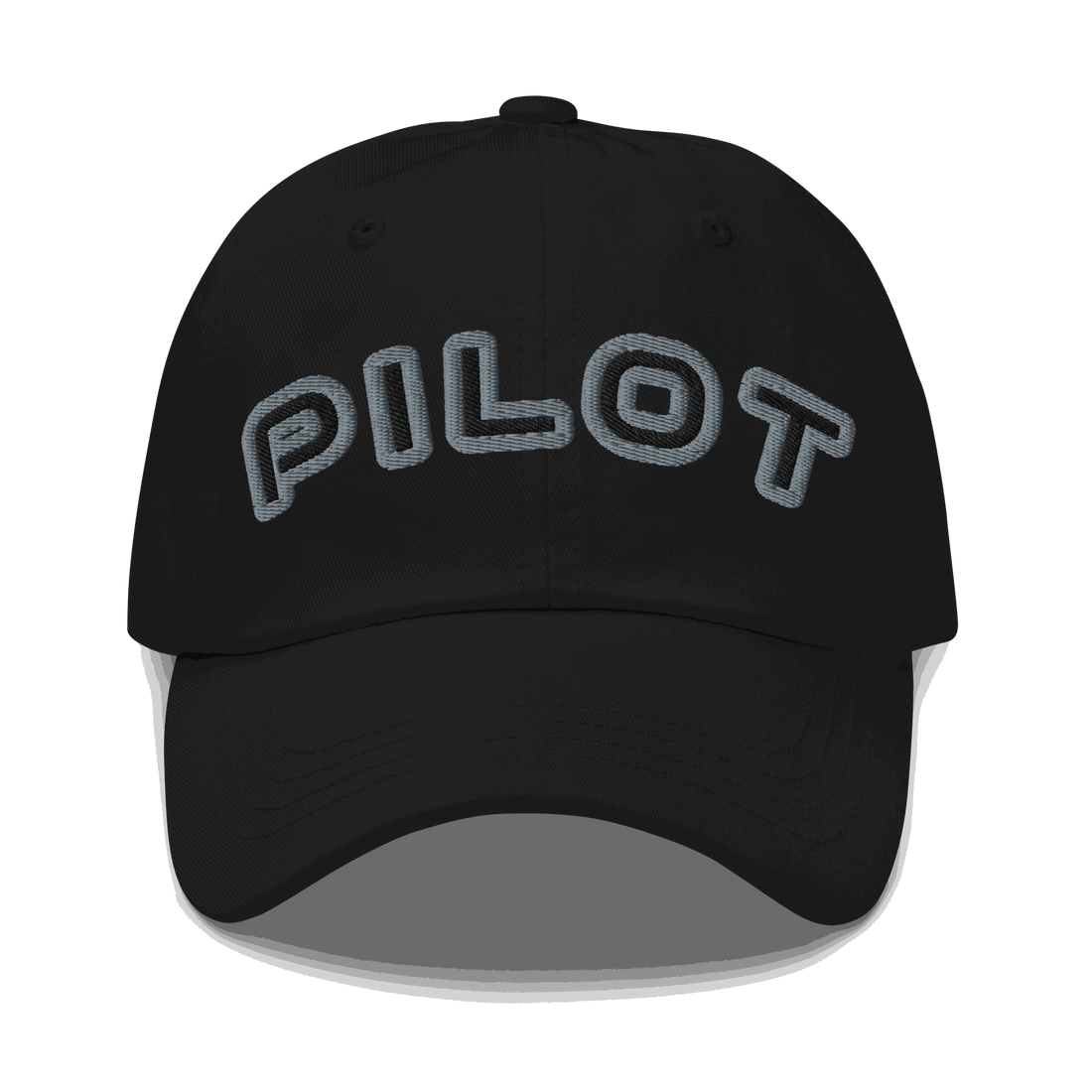 Black Stylish Pilot Hat with embroidered &quot;PILOT&quot; text, adjustable strap, and low-profile design