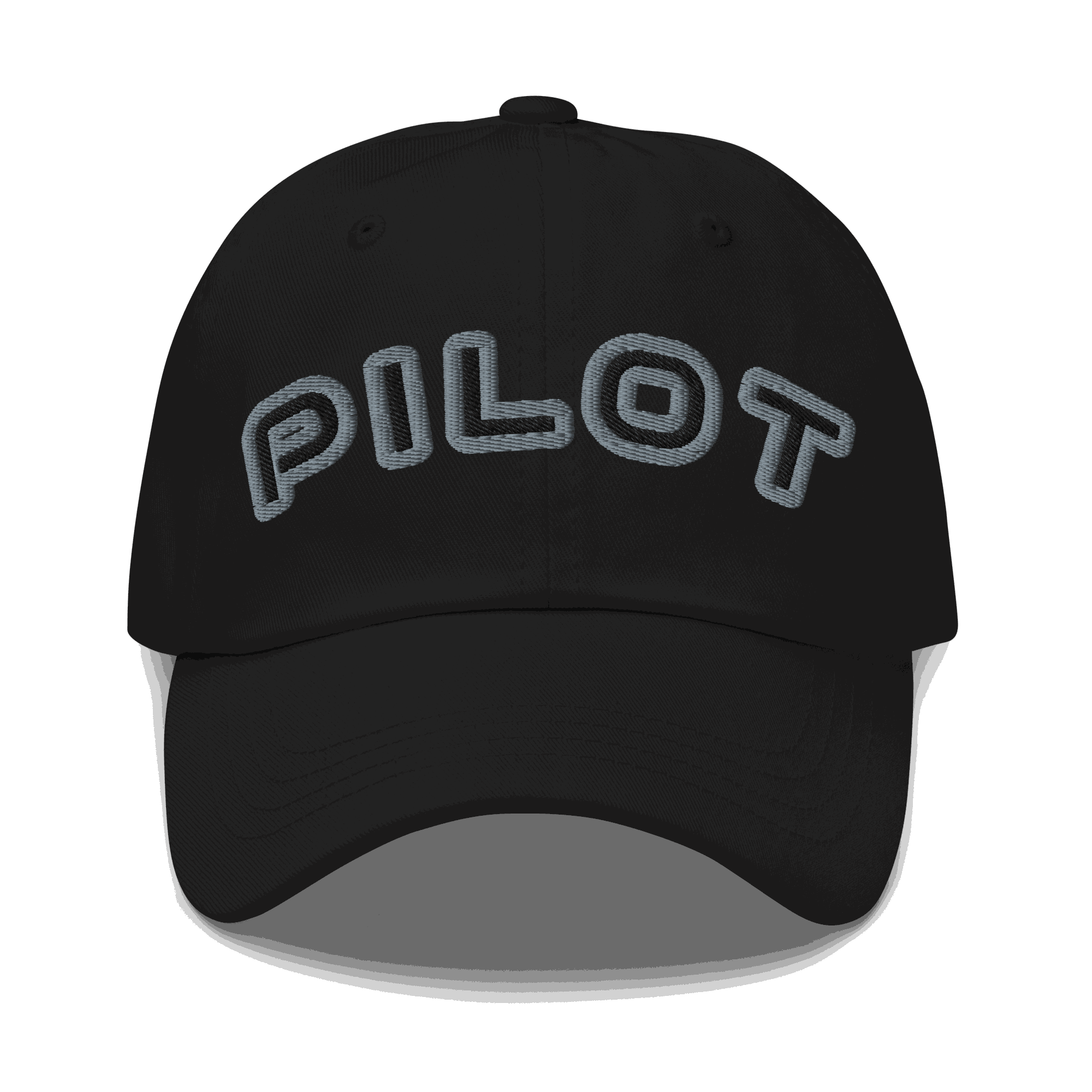Black Stylish Pilot Hat with embroidered &quot;PILOT&quot; text, adjustable strap, and low-profile design