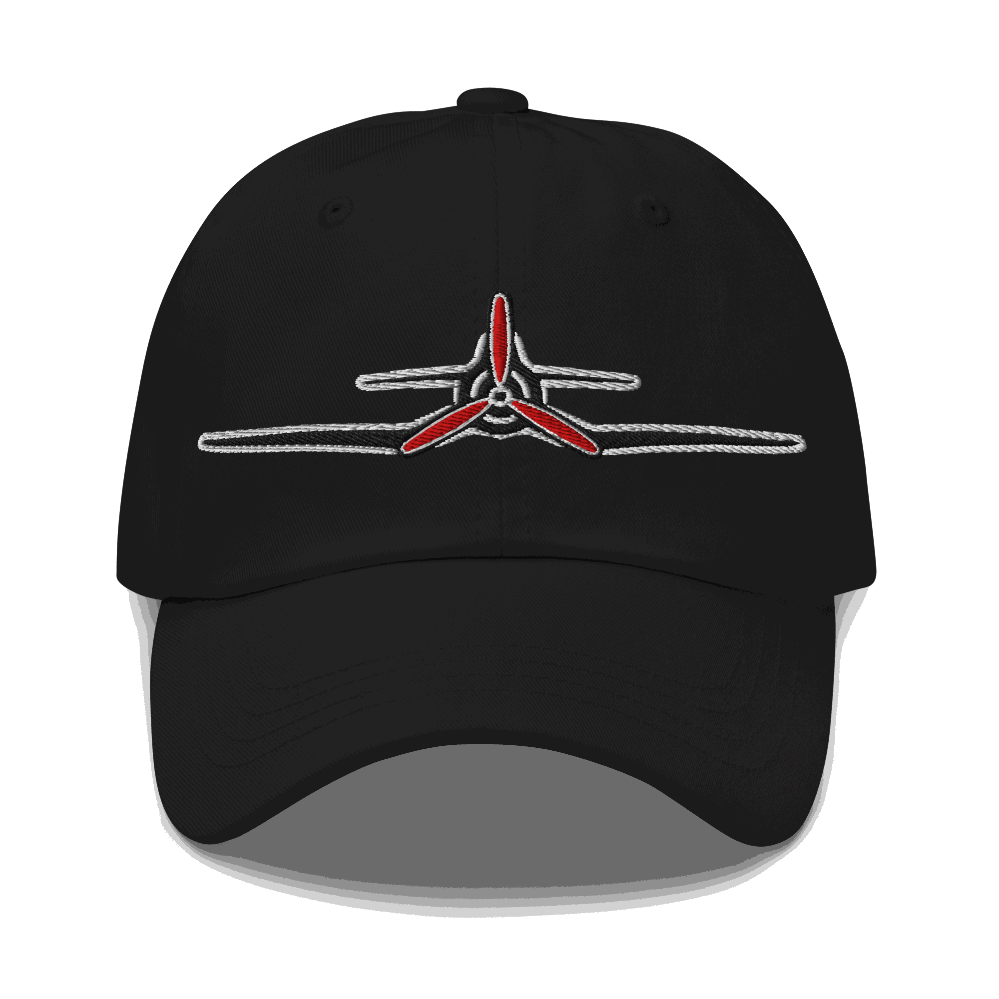 Black Corsair Aviation Hat with red and white embroidered F4U Corsair propeller design