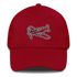 Red aviation hat with embroidered airplane design on front