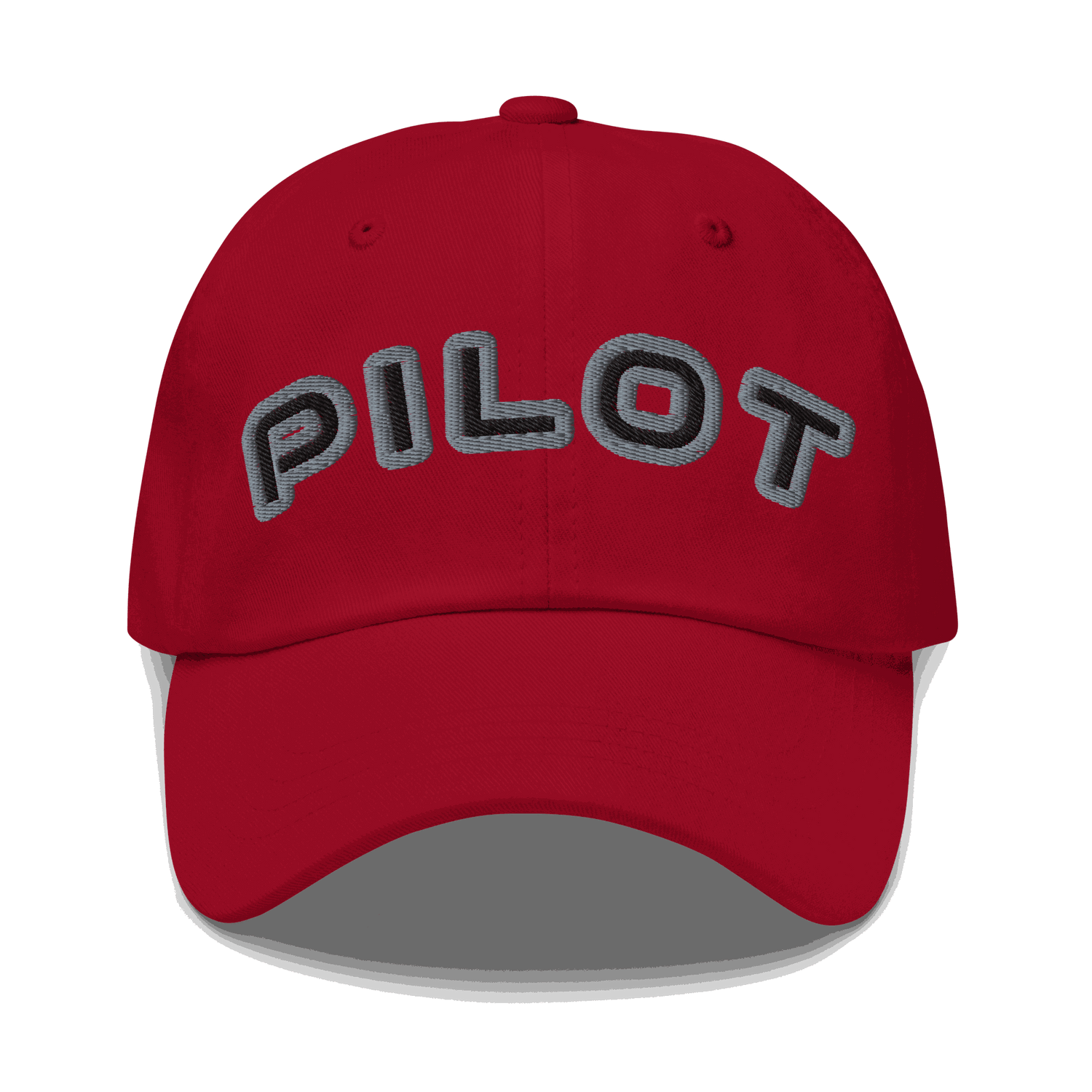 Stylish red pilot hat with embroidered &quot;PILOT&quot; text and adjustable strap