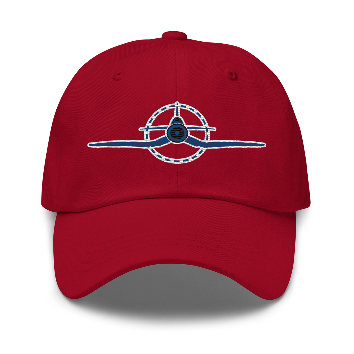 Adjustable embroidered f4u cap featuring WWII Corsair design in chino cotton twill with low-profile crown and breathable eyelets