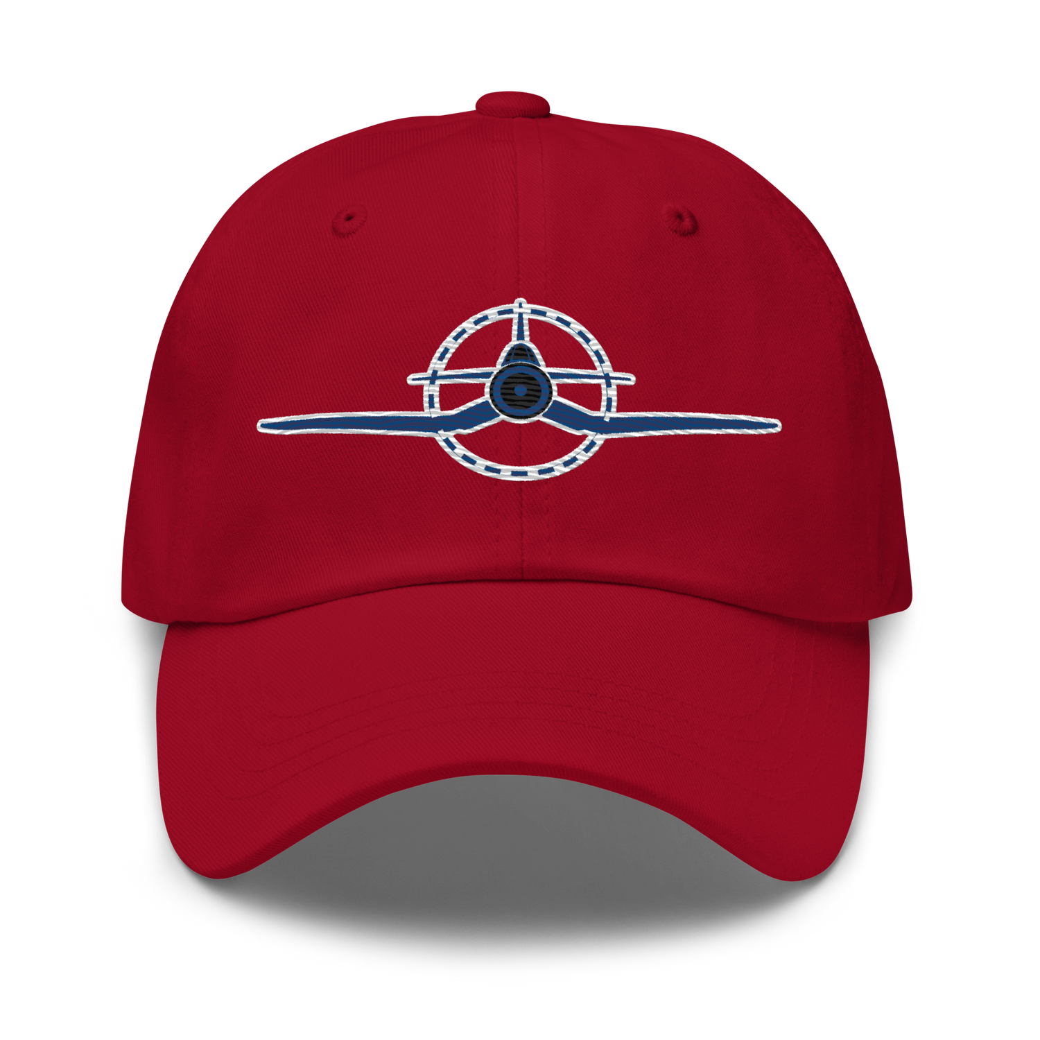 Red embroidered f4u cap with WWII Corsair aviation logo, adjustable unstructured dad hat
