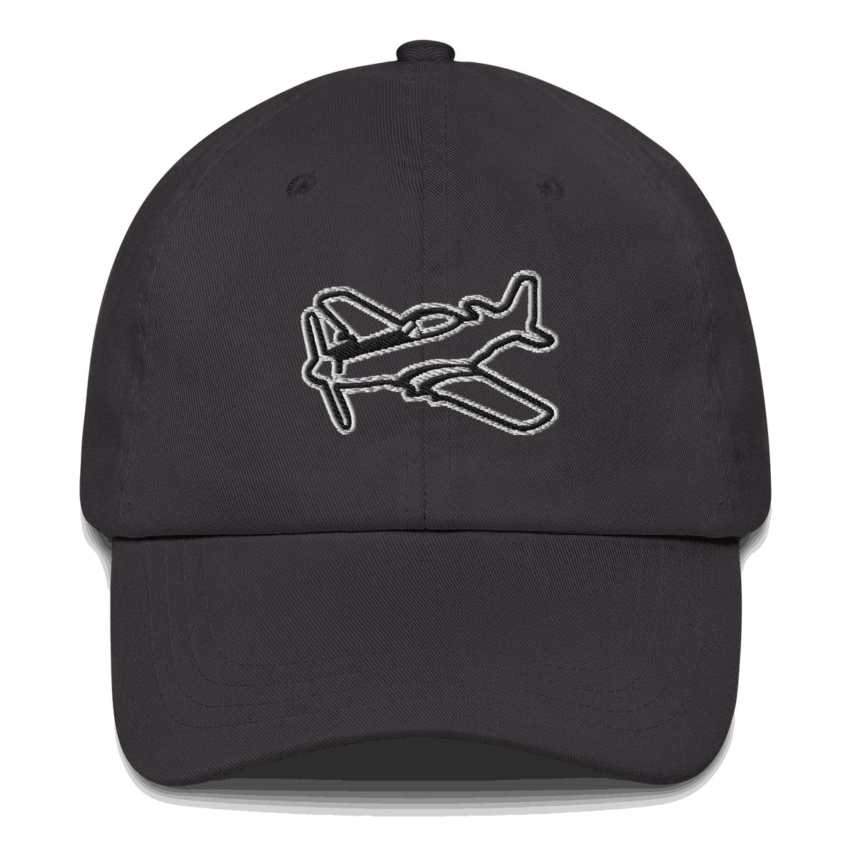 Black and white embroidered aviation hat with P51 Mustang design