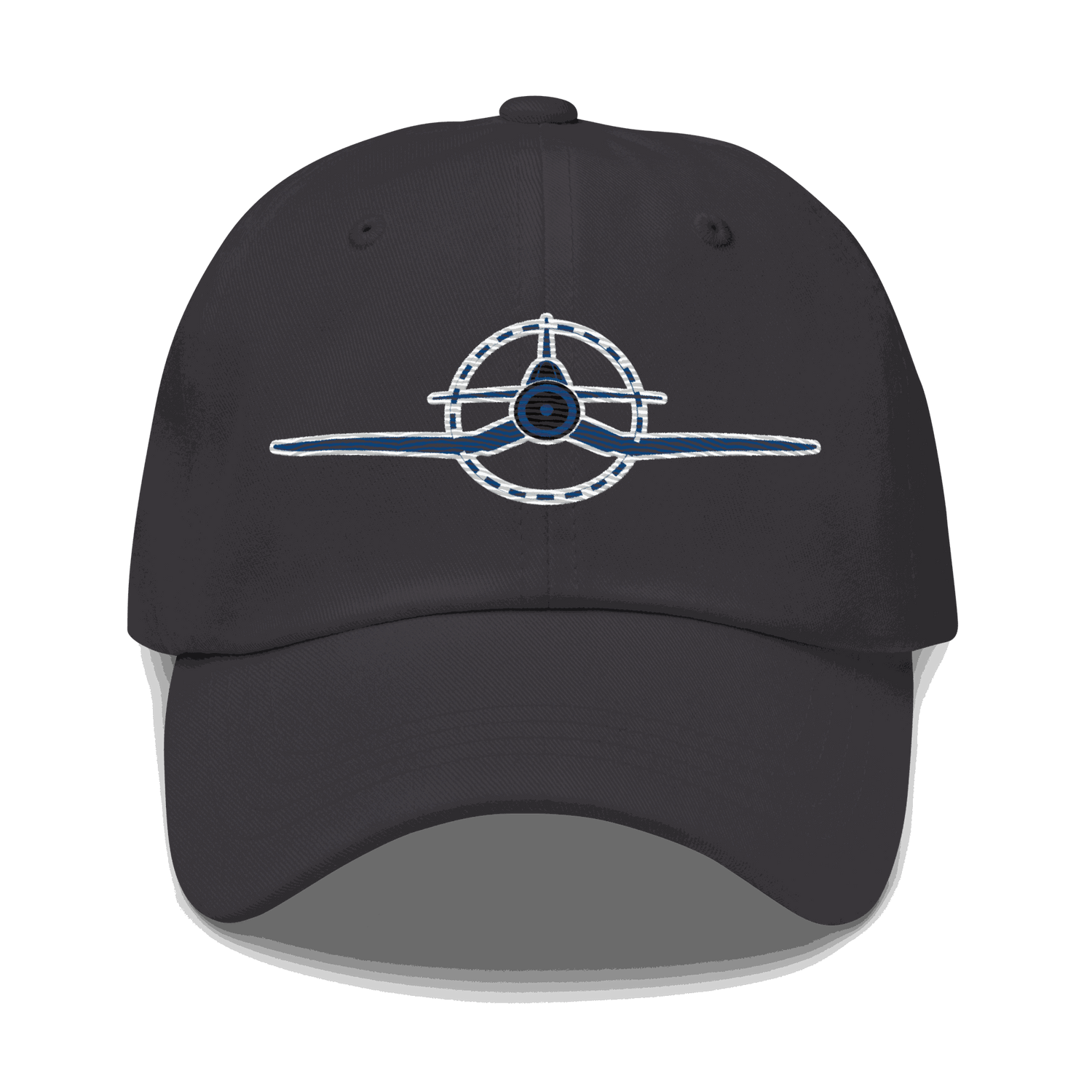 Black embroidered f4u cap with WWII Corsair design, adjustable unstructured aviation baseball hat