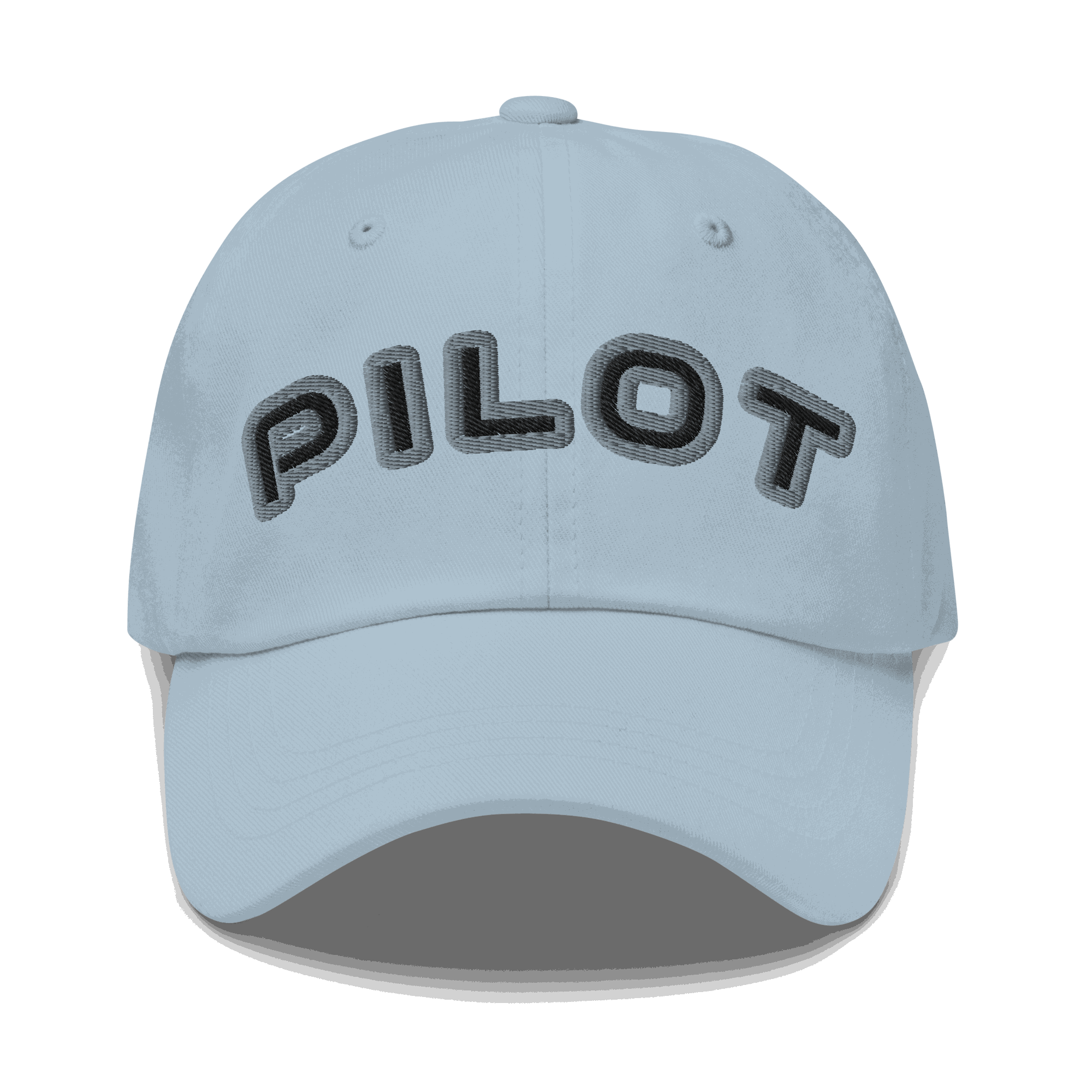 Stylish Pilot Hat light blue cotton twill dad cap with embroidered PILOT text and adjustable strap