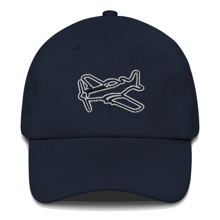 Black and white embroidered Aviation hat featuring P51 Mustang military aircraft design