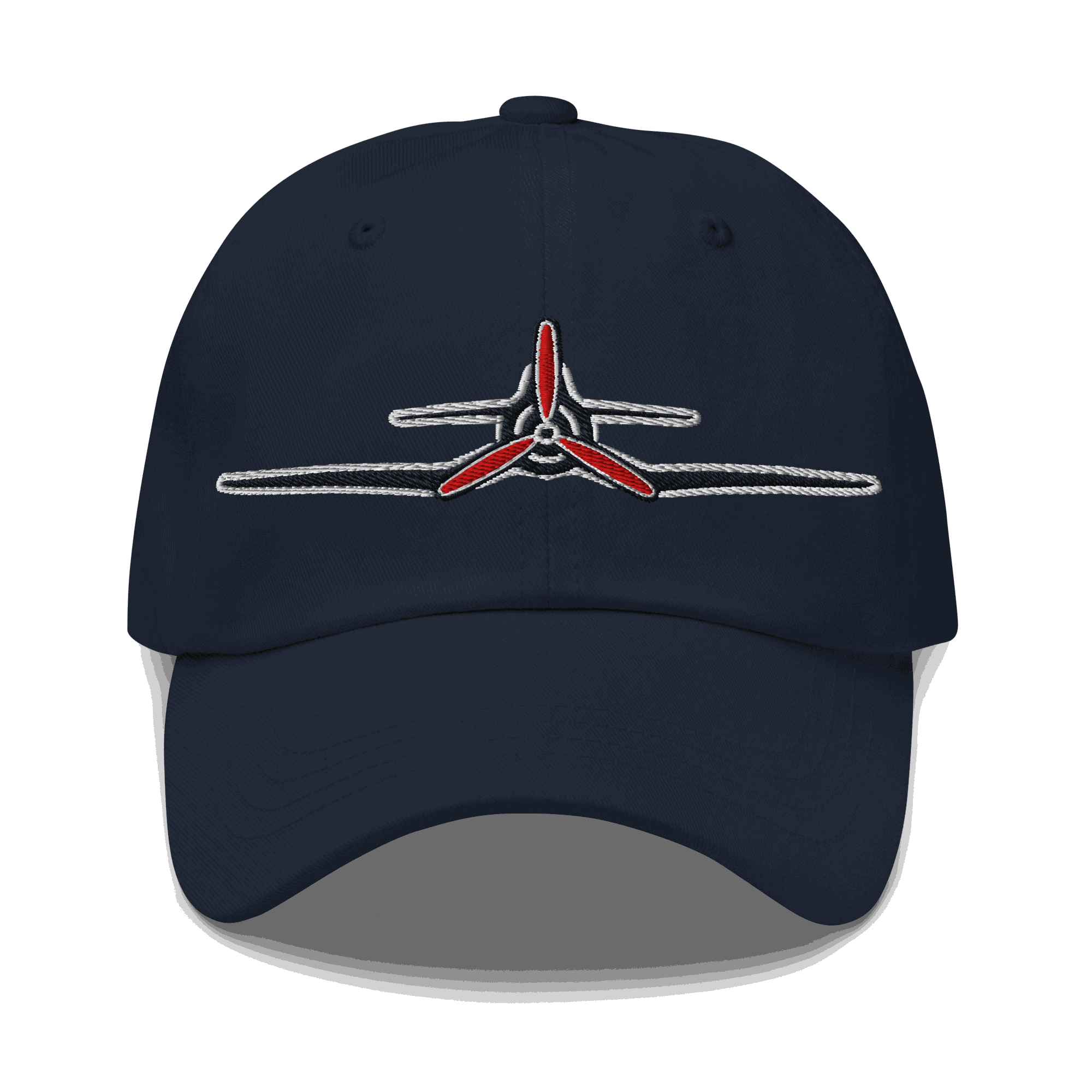 Vintage navy Corsair Aviation Hat with embroidered red propeller design, adjustable strapback dad cap for pilots and veterans
