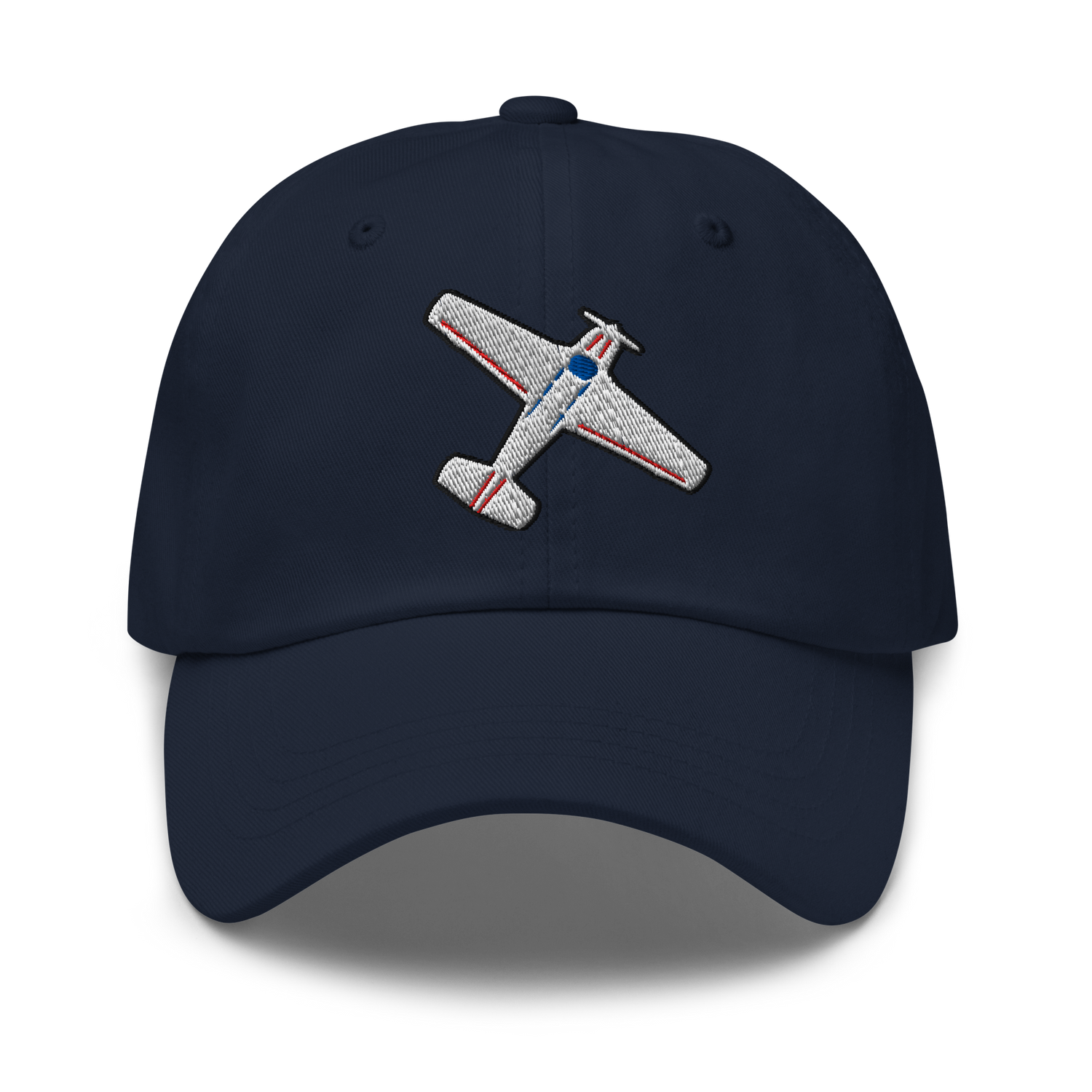 A navy blue baseball cap featuring an embroidered airplane motif on the front panel. The airplane design is detailed with a textured silver body, red stripes, and a blue nose section.
