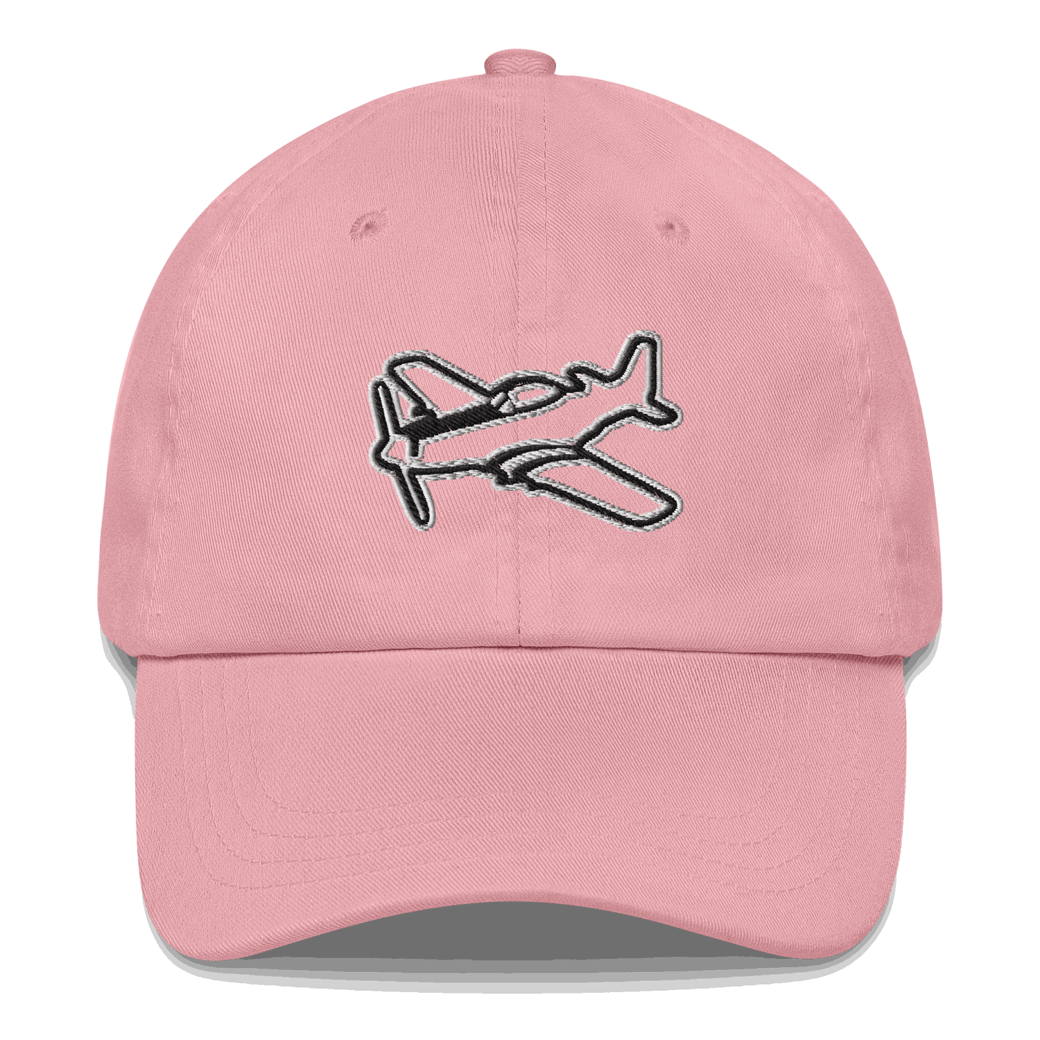 Pink aviation hat with embroidered airplane design and adjustable strap