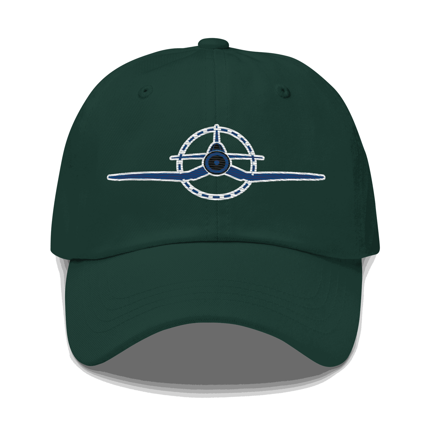 Dark green embroidered f4u cap with WWII Corsair airplane design, adjustable antique buckle strap, unstructured low-profile aviation dad hat
