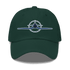 Dark green embroidered f4u cap with WWII Corsair airplane design, adjustable antique buckle strap, unstructured low-profile aviation dad hat