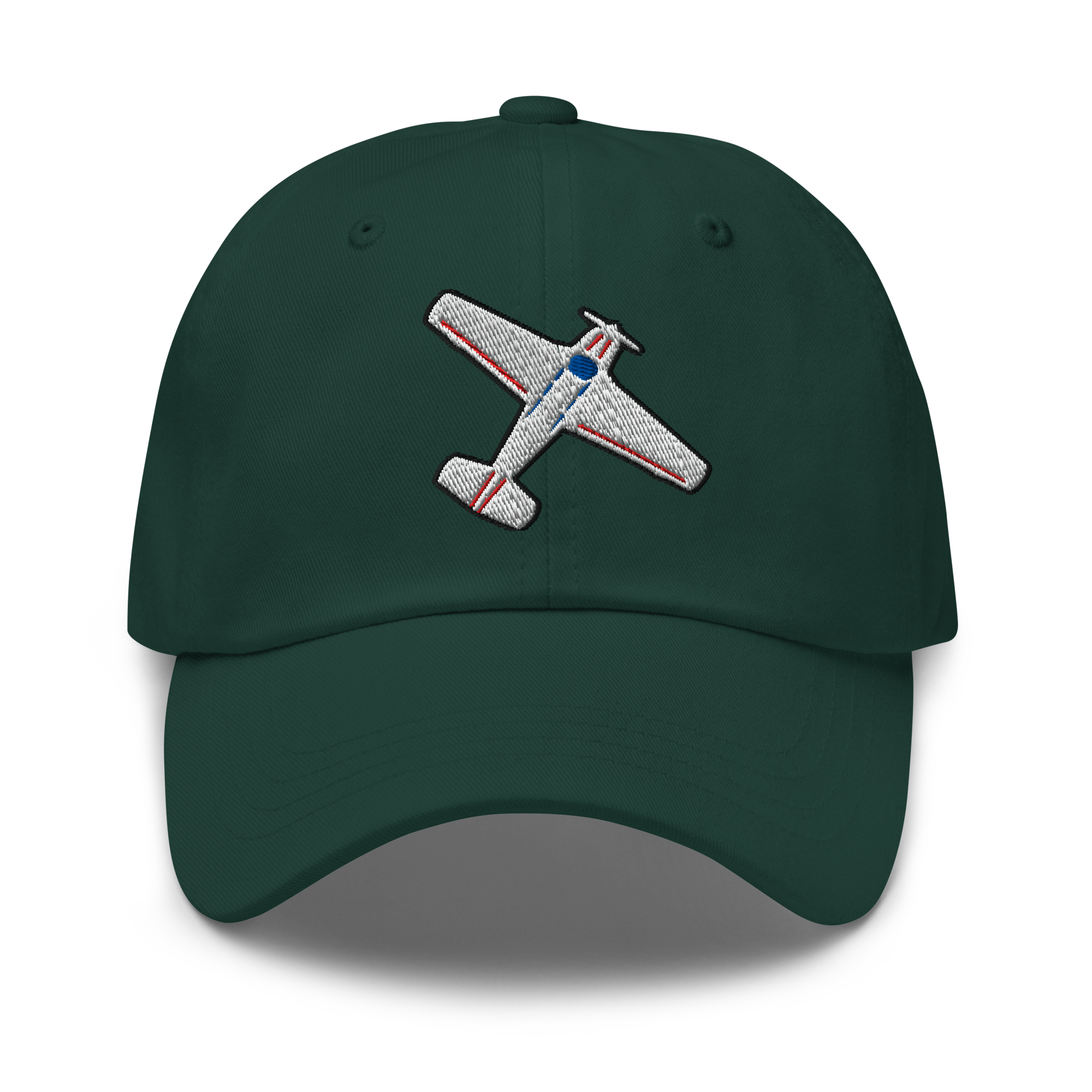A dark green baseball cap featuring an embroidered airplane patch on the front, set against a plain white background with a soft drop shadow.