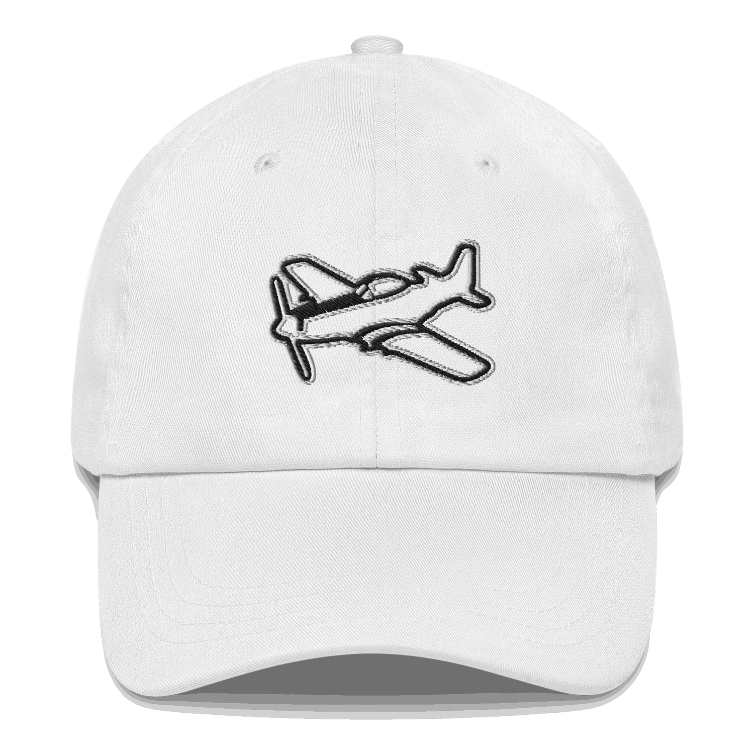 White aviation hat with black embroidered airplane design, low-profile six-panel cap with adjustable strap